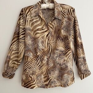 BASLER Tiger Paisley Print Long Sleeve Button Front Blouse Safari Business Chic
